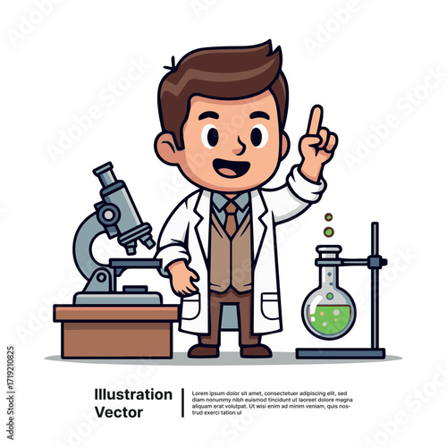 Cartoon Scientist Character with Microscope and Beaker Lab Illustration for Children