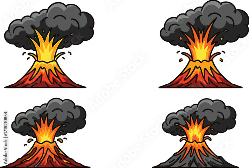 Four volcano eruptions with black smoke representing geological activity