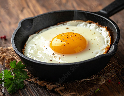 fried egg, breakfast, egg, pan, yolk, white, ritual enjoyment yellow nourishment cholesterol black cookery fries horizontal freshness eatery round gastronomy home dieting stove gold