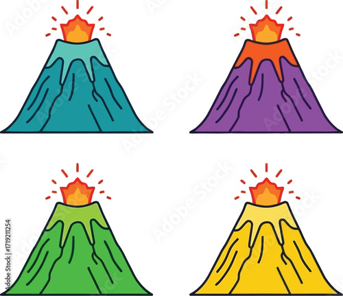 Colorful volcano with lava in blue, purple, green, and yellow