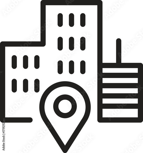 location, map, address icon. City skyline with a map pin indicating a location.