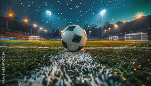 A soccer ball sits at midfield on a dewy, illuminated field at night under a sparkling sky