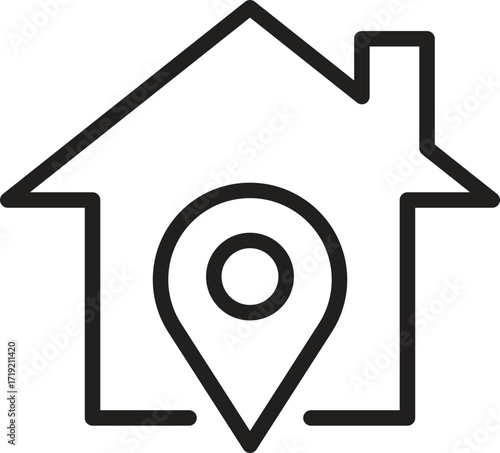 location, map, address icon. Simple house icon with a location marker inside.