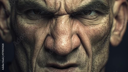 Close-up portrait of a stern mature man with intense expression, dramatic lighting highlighting facial texture and emotion, ideal for themes of strength or determination.