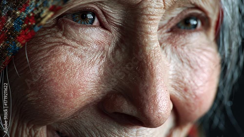 Detailed close-up of an elderly woman's face, highlighting expressive blue eyes, wrinkles, and textured skin under natural light.