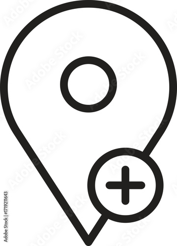 location, map, address icon. Marker icon with a plus sign for location services.