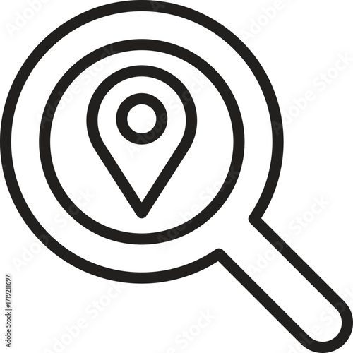 location, map, address icon. Magnifying glass with a location pin symbol inside it.