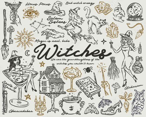 Witches Whimsical Set - vector hand drawn illustration collection