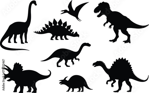 Dinosaur silhouette vector set, prehistoric animal icons, black dino shapes, Jurassic wildlife illustration, extinct species collection, educational clipart, isolated graphics