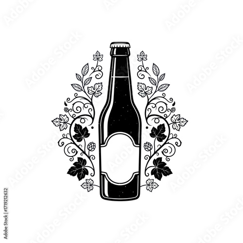 Vintage style illustration of a beer bottle surrounded by hops and floral design elements.