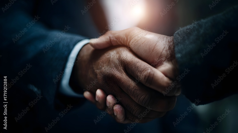 Fototapeta premium Two business professionals shaking hands symbolizing agreement and successful partnership in a corporate setting