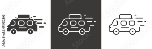 flat and linear set icons, travel on microbus icon, bus tour, minibus for tourism, simple symbols on white and black background - editable stroke vector illustration