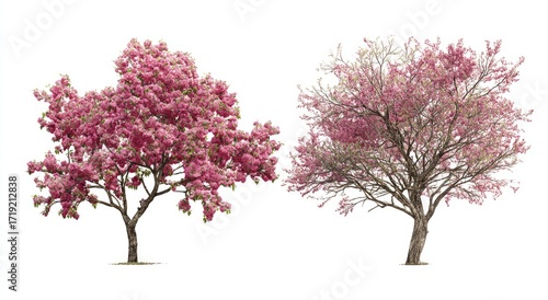 Two pink flowering trees against white