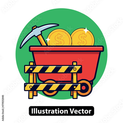 Mining Riches Gold Coins in Mine Cart Illustration