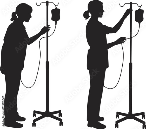 Medical staff silhouette, IV stand interaction, hospital procedure, healthcare worker, black vector illustration, nursing care, clinical equipment, intravenous setup, patient support
