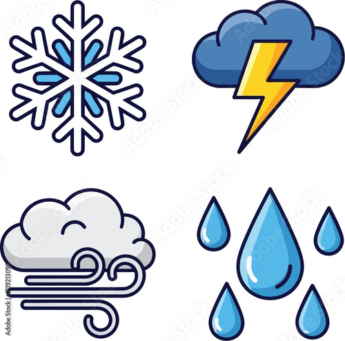 Weather icons with snowflake, storm, wind, and rain for forecast themes