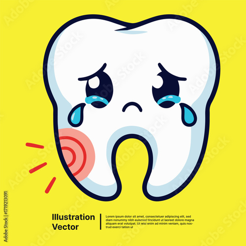 Cartoon tooth with pain illustration, concept of dental health care, toothache, or decay