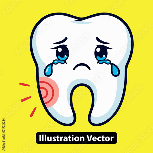 Sad Tooth with Pain and Tears Vector Illustration