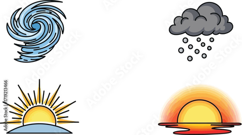 Weather forecast icons with hurricane, hail, sunrise, and sunset in simple style