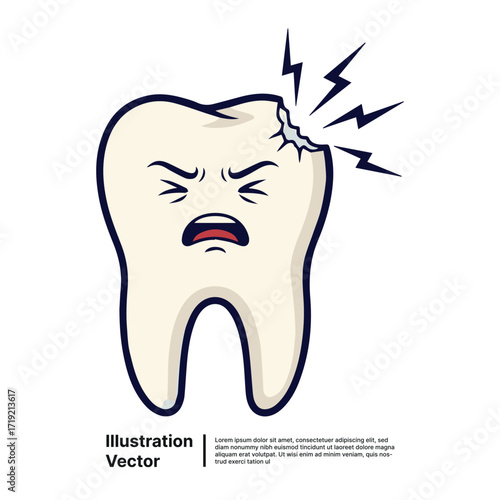 Toothache Cartoon Illustration with Cracked Tooth and Painful Facial Expression
