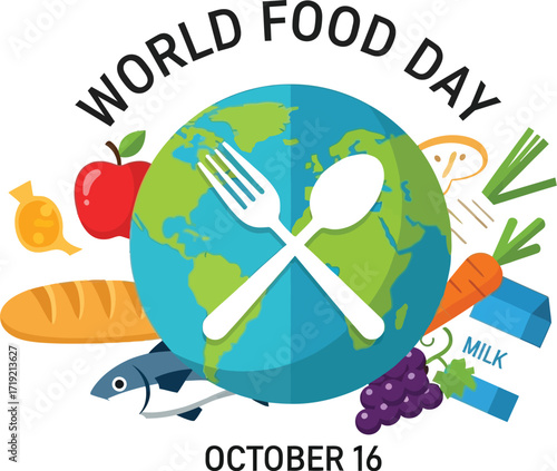 World Food Day concept with healthy food and globe illustration