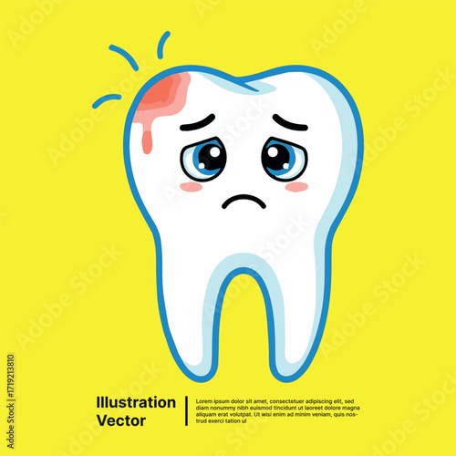 Sad Tooth with Injury Dental Health Concern Illustration on Yellow Background