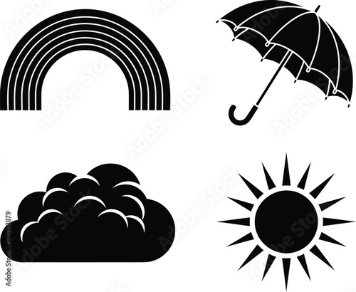 Weather forecast symbols with sun, cloud, rainbow, and umbrella