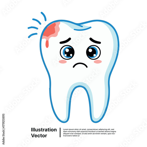 Sad Cartoon Tooth with Cavity Needs Dental Care