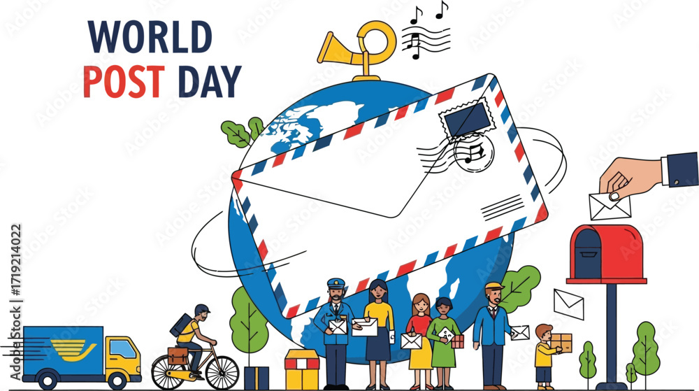 Naklejka premium World Post Day illustration with global mail delivery and communication
