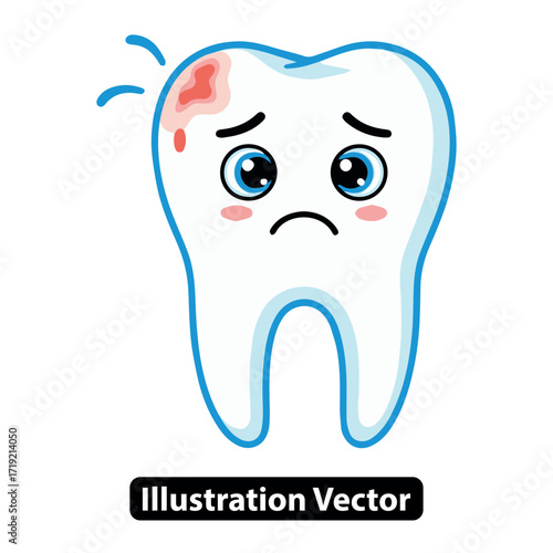 Sad Tooth Cartoon Vector Illustration with a Cavity and Bleeding Gum, Dental Care Concept