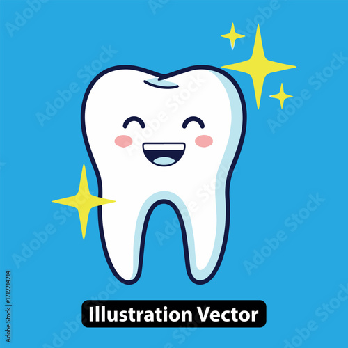 Happy cartoon tooth smiling with sparkles, dental care and hygiene concept