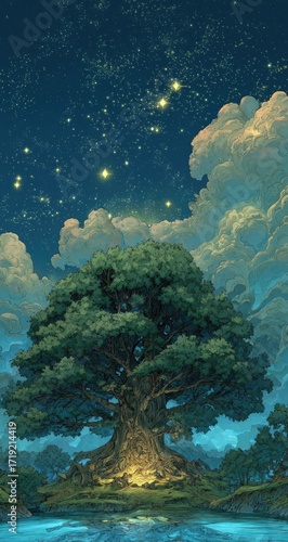 A large, ancient tree stands in a serene, starry night landscape