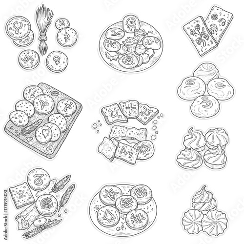 Assortment of hand-drawn cookies and biscuits illustrations, perfect for bakery menus, recipe books, or culinary websites.