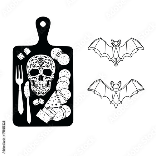 This stylized black and white illustration features a Halloween charcuterie board with an ornate sugar skull, various snacks, and two geometric bat outlines.