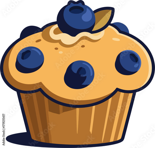 illustration of a blDelicious Blueberry Muffin with Plump Berries and Fresh Mint Leaves on White Plate – Bold Cartoon Vector Illustration for Premium Bakery 