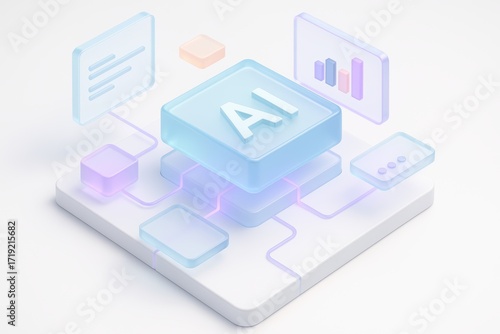 Wallpaper Mural Futuristic AI Concept: An isometric view showcases a digital hub, with a central AI emblem at the core, interconnected by data streams, symbolizing innovation and the power of artificial intelligence. Torontodigital.ca