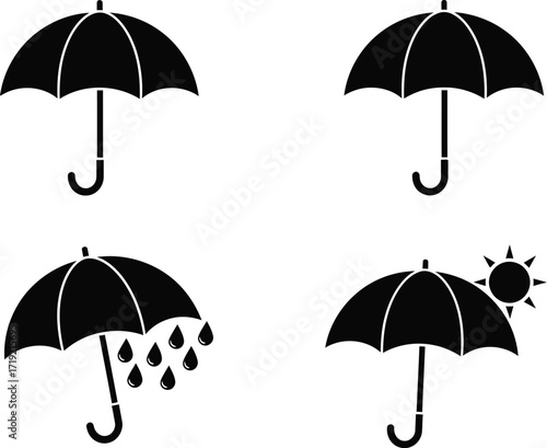Weather forecast icons with umbrella, rain, and sun