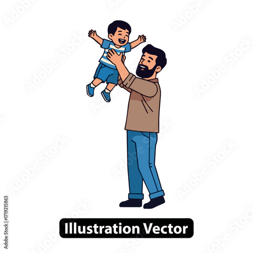 Father lifting his son joyfully in the air, depicting a happy family moment