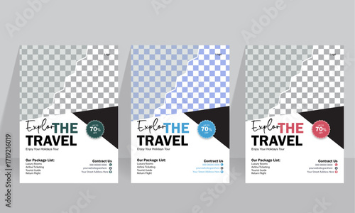 Travel poster or flyer pamphlet brochure design layout space for photo background. Travel flyer template for travel agency