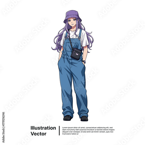 Anime-inspired illustration of a stylish young woman in overalls and a bucket hat on white background