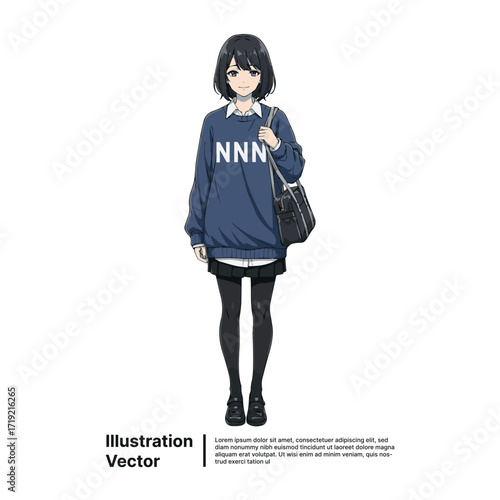 Charming anime-style illustration of a smiling young woman in a casual sweater and skirt, carrying a bag, depicting a modern student's daily life