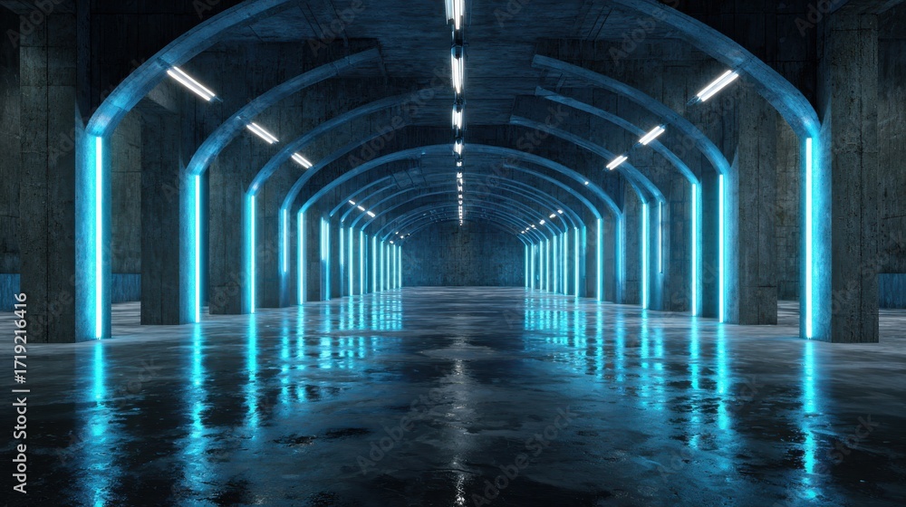 Fototapeta premium Futuristic neon lights interior Hdri. 360 panoramic view of a cyber garage room hangar with sci fi glowing blue tubes. Vr projection of dark tunnel warehouse with wet cement floor 3d Rendering
