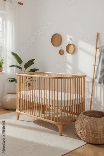 Serene Nursery Scene Wooden Crib, Natural Decor, and Soft Light for Baby's Room