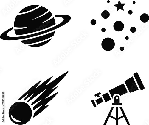 Astronomy icons with planet, stars, comet, and telescope