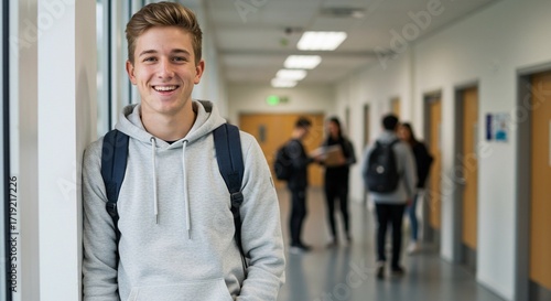 A young female student with a casual style, wearing a light gray hoodie and carrying a backpack, stands in the brightly lit school hallway.