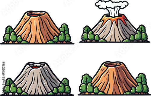 Volcano icons showing eruption stages and landscape