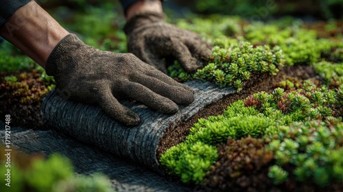Hands spreading substrate on green roof installation with sedum plants and drainage layers visible Ultra high quality, smooth details, soft lighting, glowing light realistic 8K resolution
