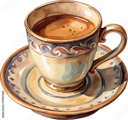 Porcelain Gold Browwn Coffee Cup with Flowers Watercolor Vector Illustration