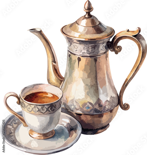 Retro Set of Porcelain Coffee Pot and Cup Watercolor Vector Illustration