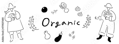農家さん＆オーガニック野菜_手描きイラスト_線画｜Organic